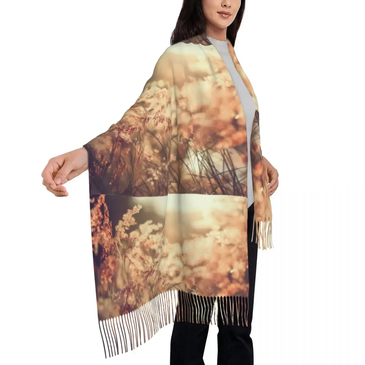 Personalized Printed Vintage Flowers Grass Blurred On Sunset Photo Long Pile Fringe Men Scarf Women'S Anti Chill 