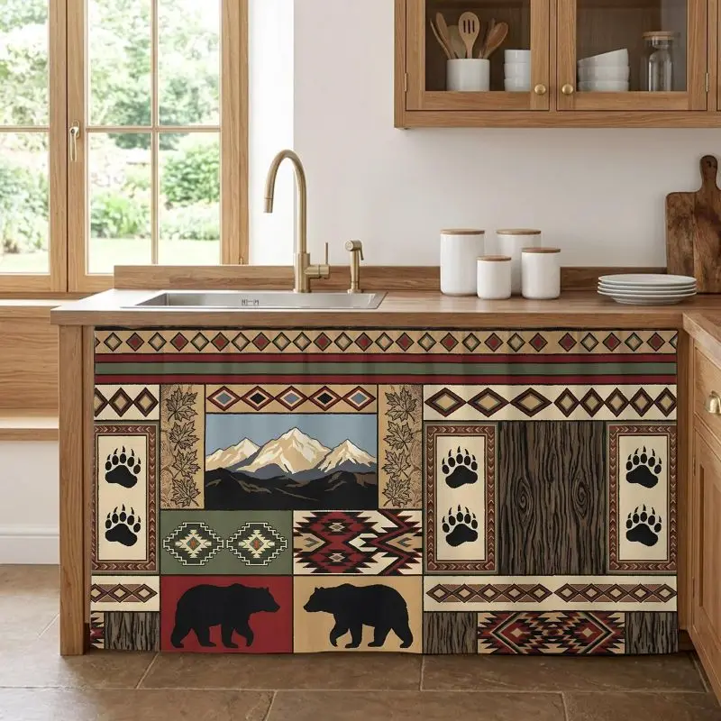 VIKAMA Cabin Style Bear Mountain Patchwork Cabinet Curtain Western Under Sink Dust Cover Kitchen Counter Decor Short Curtain