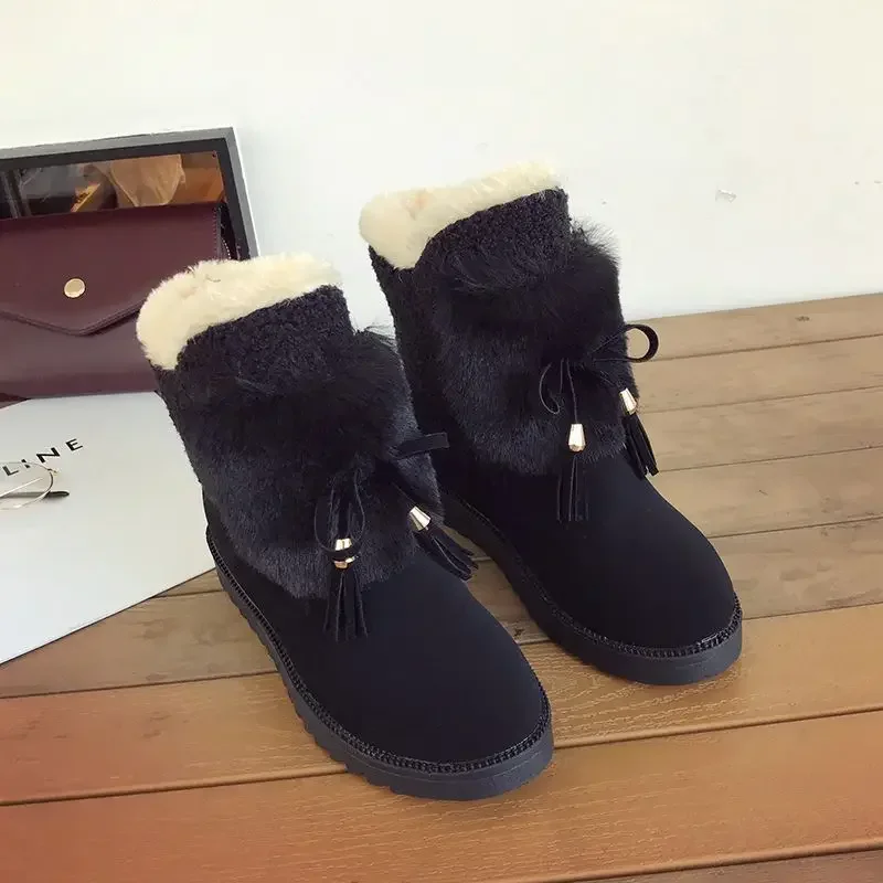 Black Women's Snow Boots Ribbons Bow Brown Shoes for Woman Elegant with Low Heels Round Toe on Promotion Fashion 2024 Lamb 39 Pu