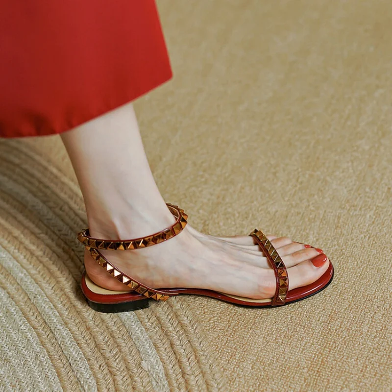 

Roman Rivet Ankle Strap Sandals Summer New Soft Round Toe Luxury Low Heel Women's Flats Fashion Causal Party Dress Shoes