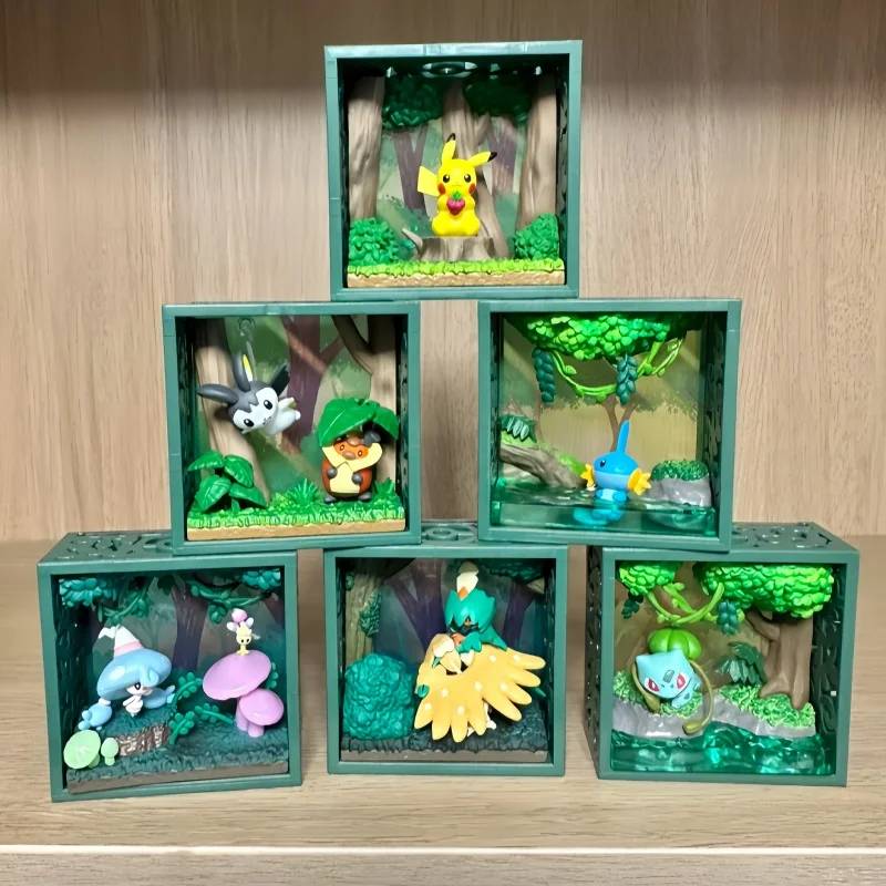 Re-Ment Pokemon Frame Deep Green Forest Bulbasaur Mudkip Pikachu Emolga&Kricketot Hattrem&Morelull Decidueye Model Toy Gift