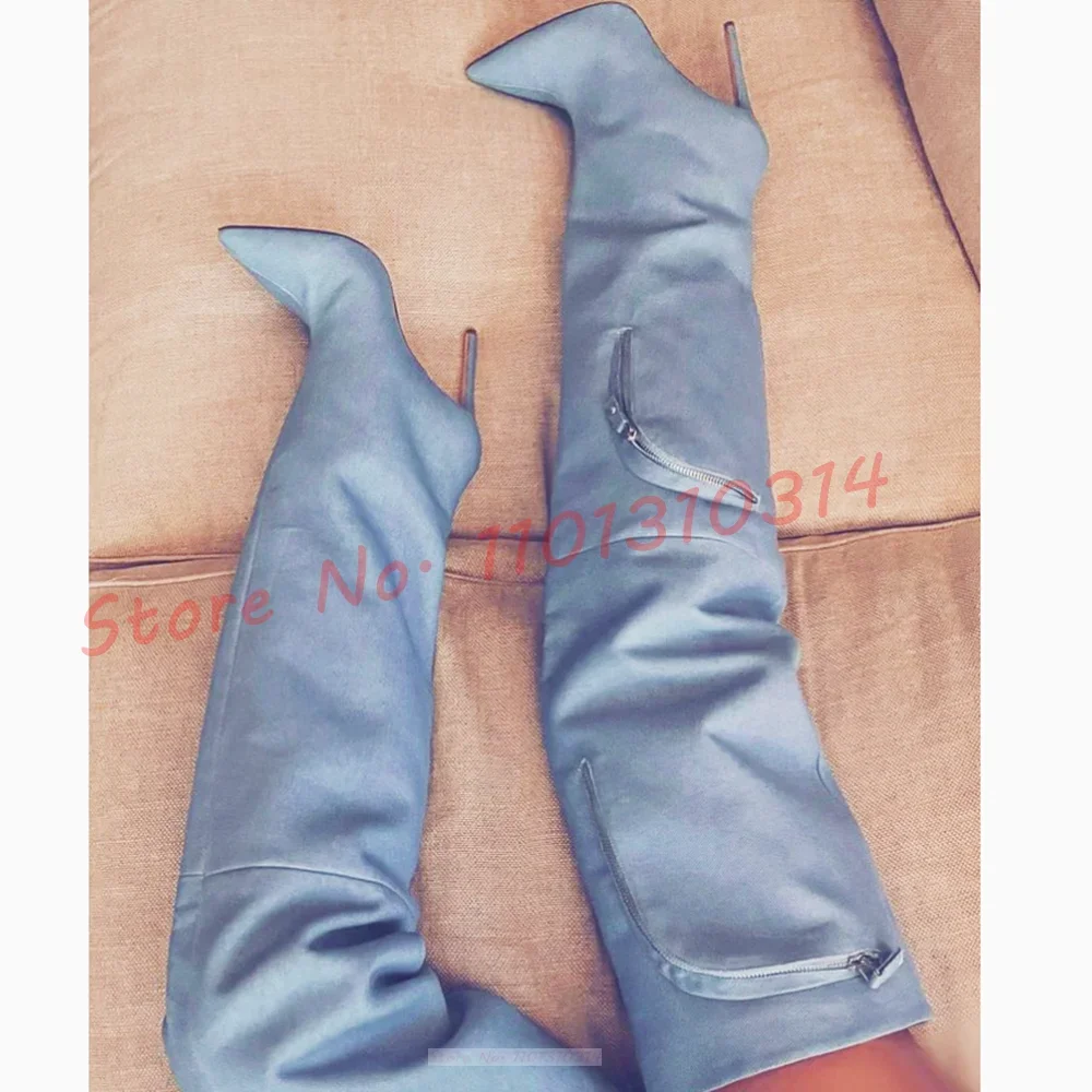 Light Blue Denim Thigh High Boots Women Hot Zipper Decor Elegant High Heels Shoes Streetwear Winter New In Design Long Boots