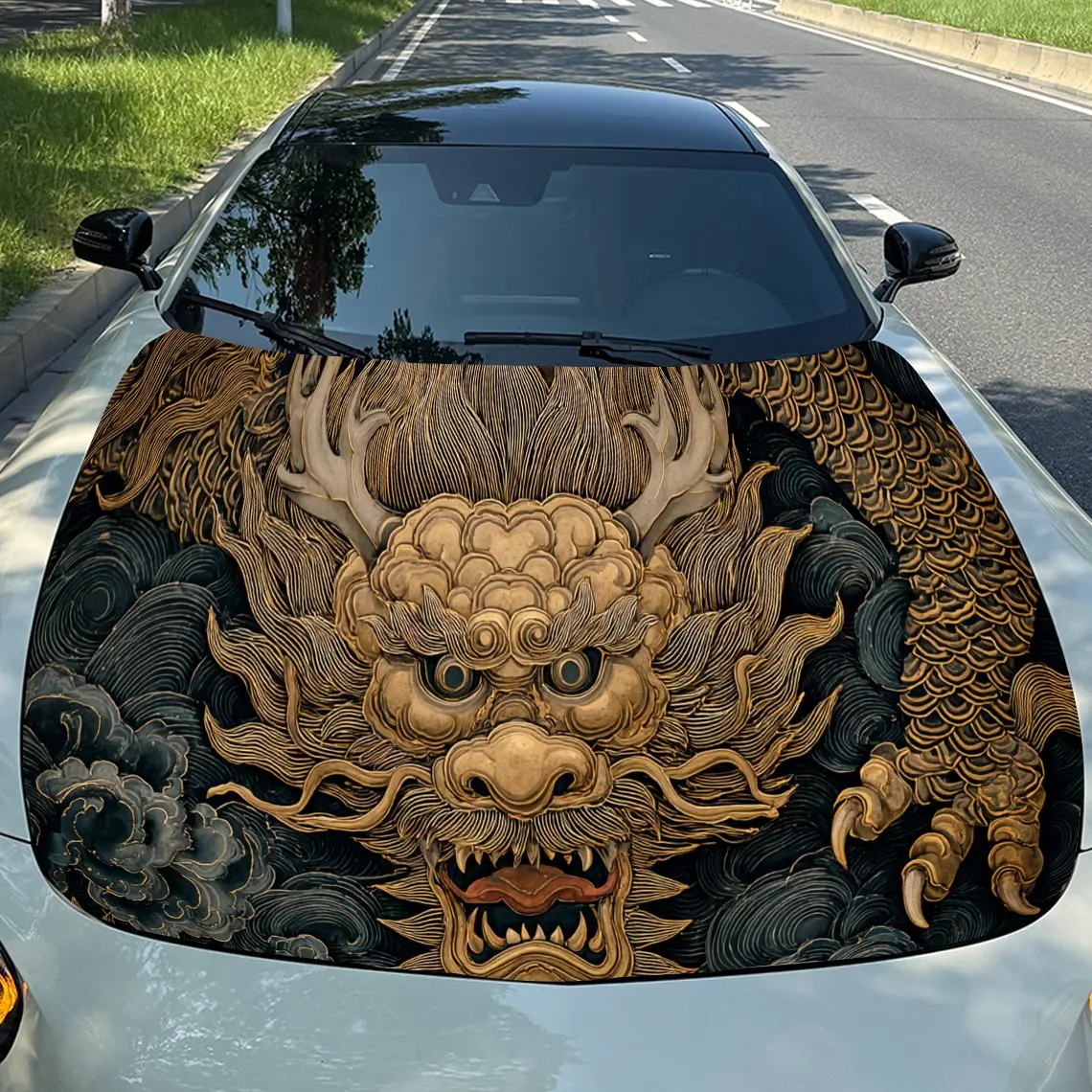 Dynamic Gilt Auspicious Dragon PVC Car Hood Wraps, Self-Adhesive Waterproof Car Bonnet Decal Sticker, Car Decoration Protection