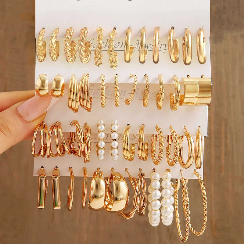 Vintage Gold Color Hoop Earrings for Women Girls Simple Boho Circle Pearl Drop Earrings Set New Trendy Christmas Jewelry Gifts