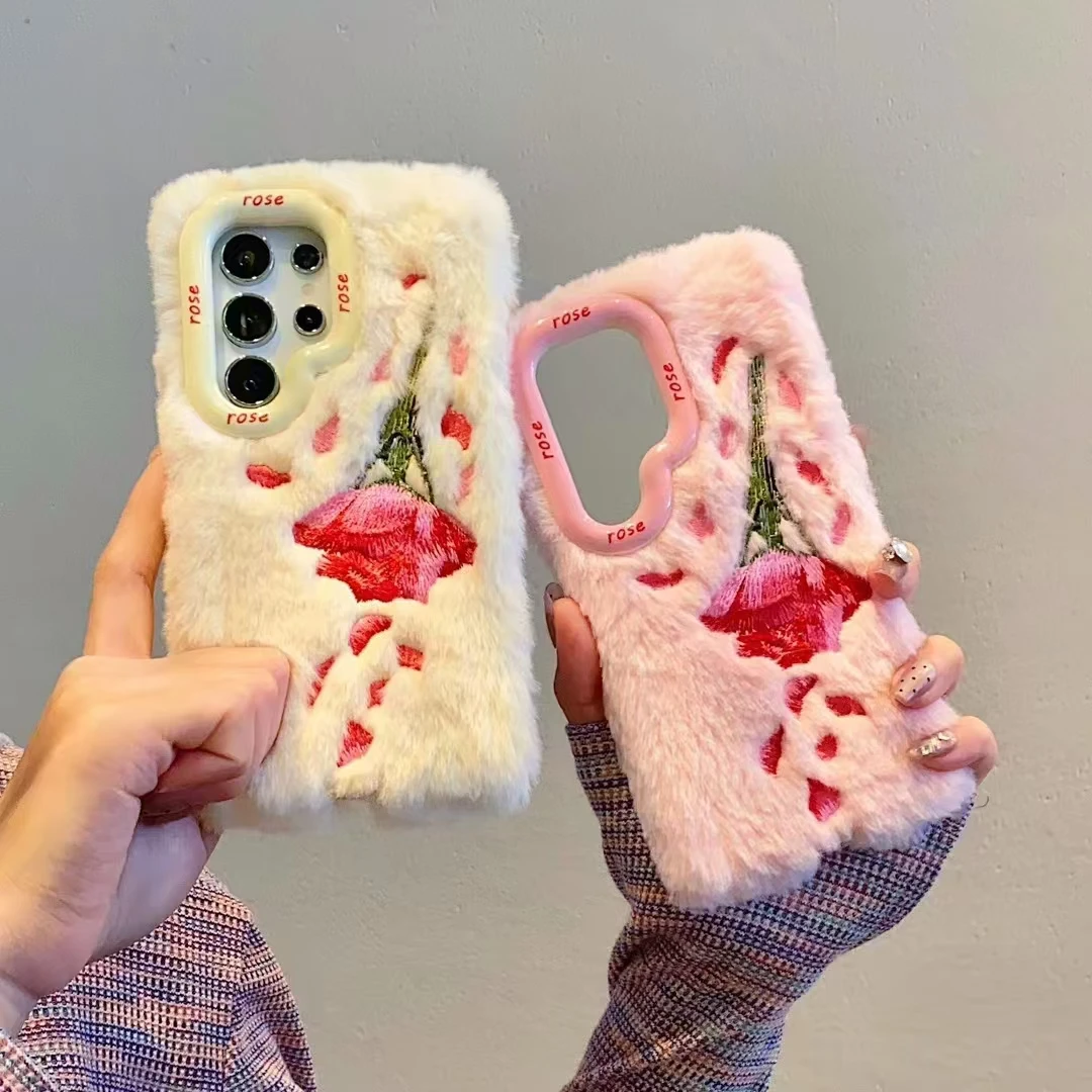 For Samsung Galaxy S25 S24 S23 Plus Ultra A14 A15 A35 A54 A55 5G Unique Plush Embroidered Rose Soft Fur Puff Holder Phone Case