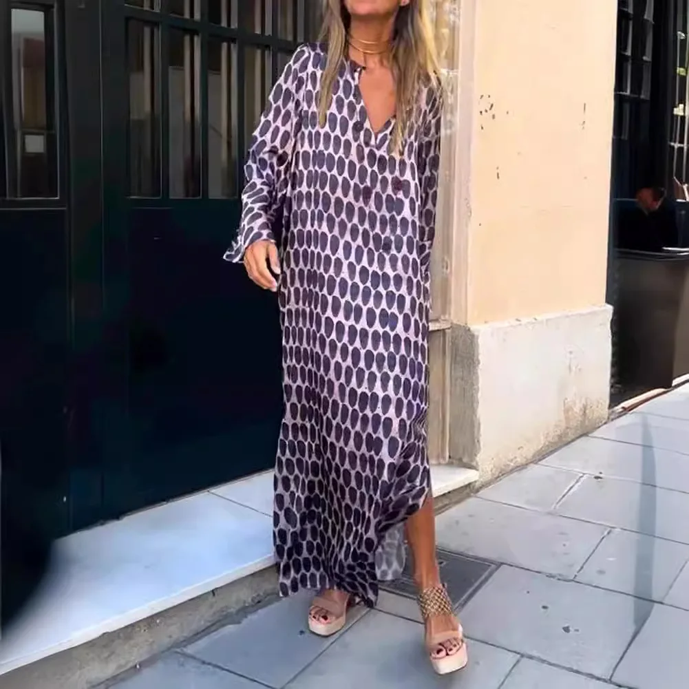 

Vintage Print Long Dress Women Comfortable Casual V-neck Loose Long Sleeve Dresses Spring New Lady Commuting Style Maxi Vestidos