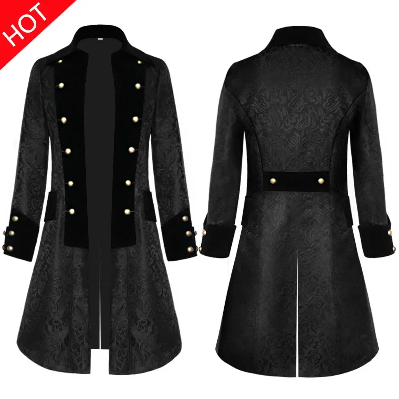 Steampunk Jacket Medieval Costume Trench Men Long Sleeve Gothic Brocade Jacket Frock Coat Vintage Stand Collar Halloween