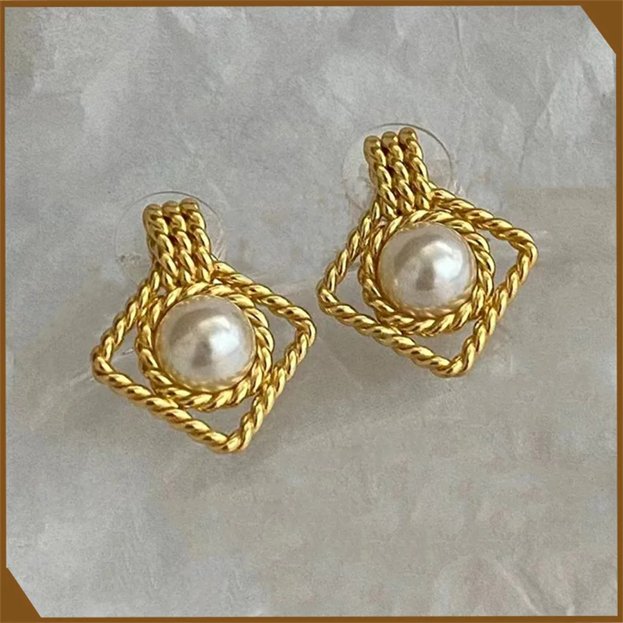 Medieval Square Inlaid Pearl Earrings with Simple Geometric Twisted Rope Fashion Light Luxury Charm Jewelry