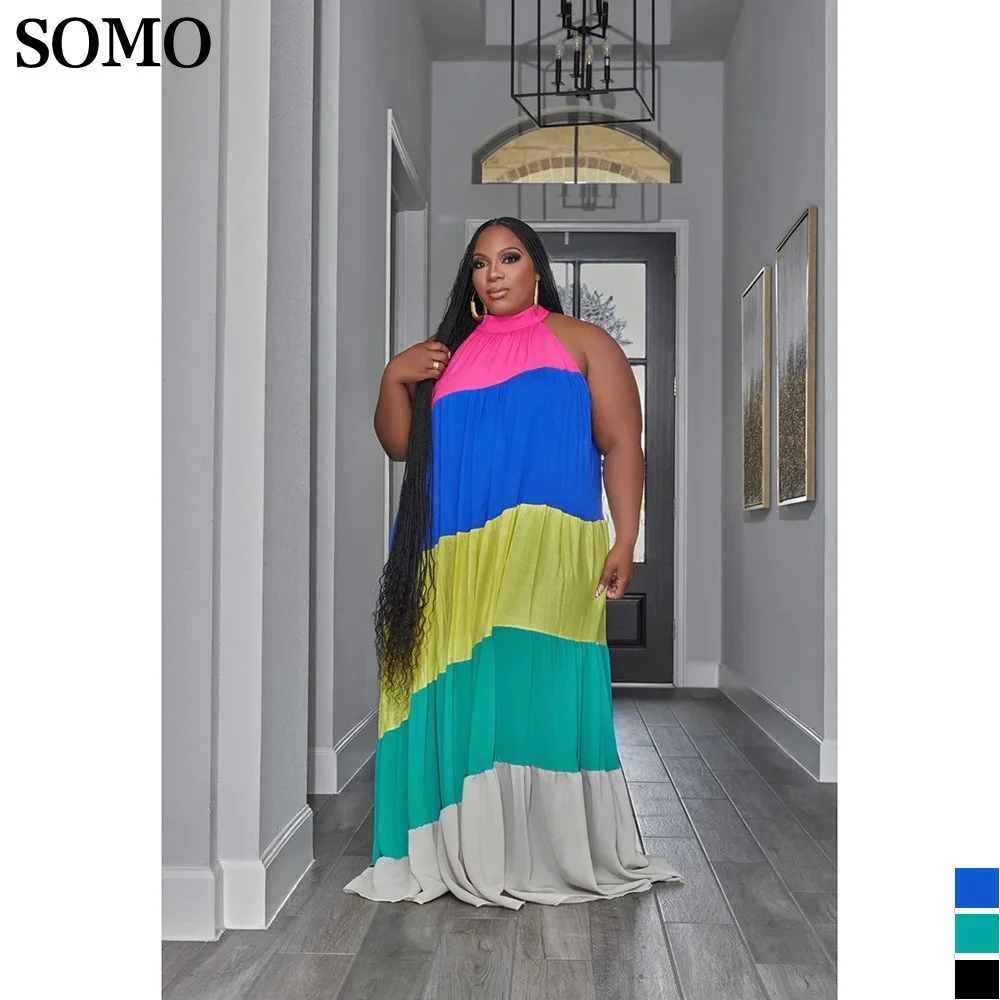 SOMO Summer Fashion Contrast Color Plus Size Dresses Party Clubwear Sleeveless Pleated Maxi Long Dress Wholesale Dropshipping