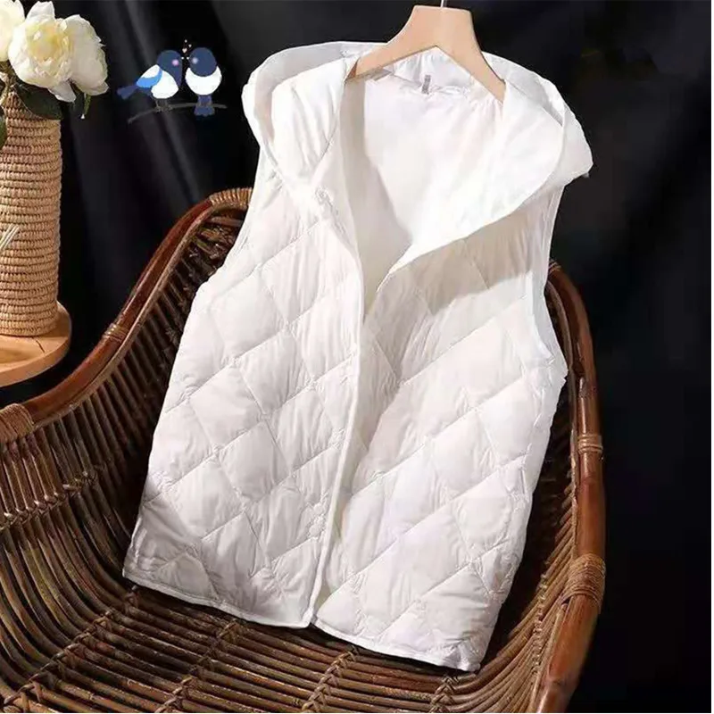 2023 New White Down Cotton Vest Jacket Women Hooded Sleeveless Padded Vest Outer Wear Autumn Winter Vests Female Waistcoat Coat