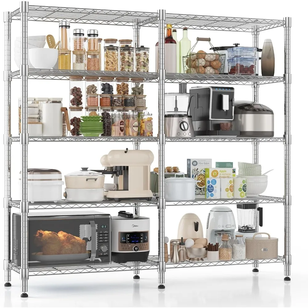 5 Tier Storage Shelves, Heavy Duty Wire Shelving Unit, Adjustable Metal Shelves for Storage, Garage Rack Pantry Shelves