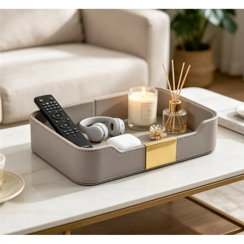 Fine Workmanship PU Leather Key Box, Key Tray- Entryway Storage Organizer Perfect For Storing Jewelry, Watches, And Wallets Grey