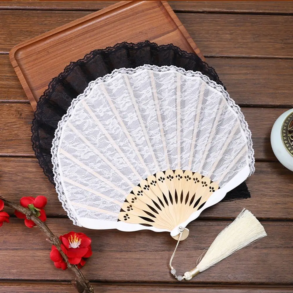 

Vintage Portable Folding Fan Fan Tassel Pendent Lightweight Lace Handheld Fans Flowers Pattern Hollow Handle Chinese Fan Women