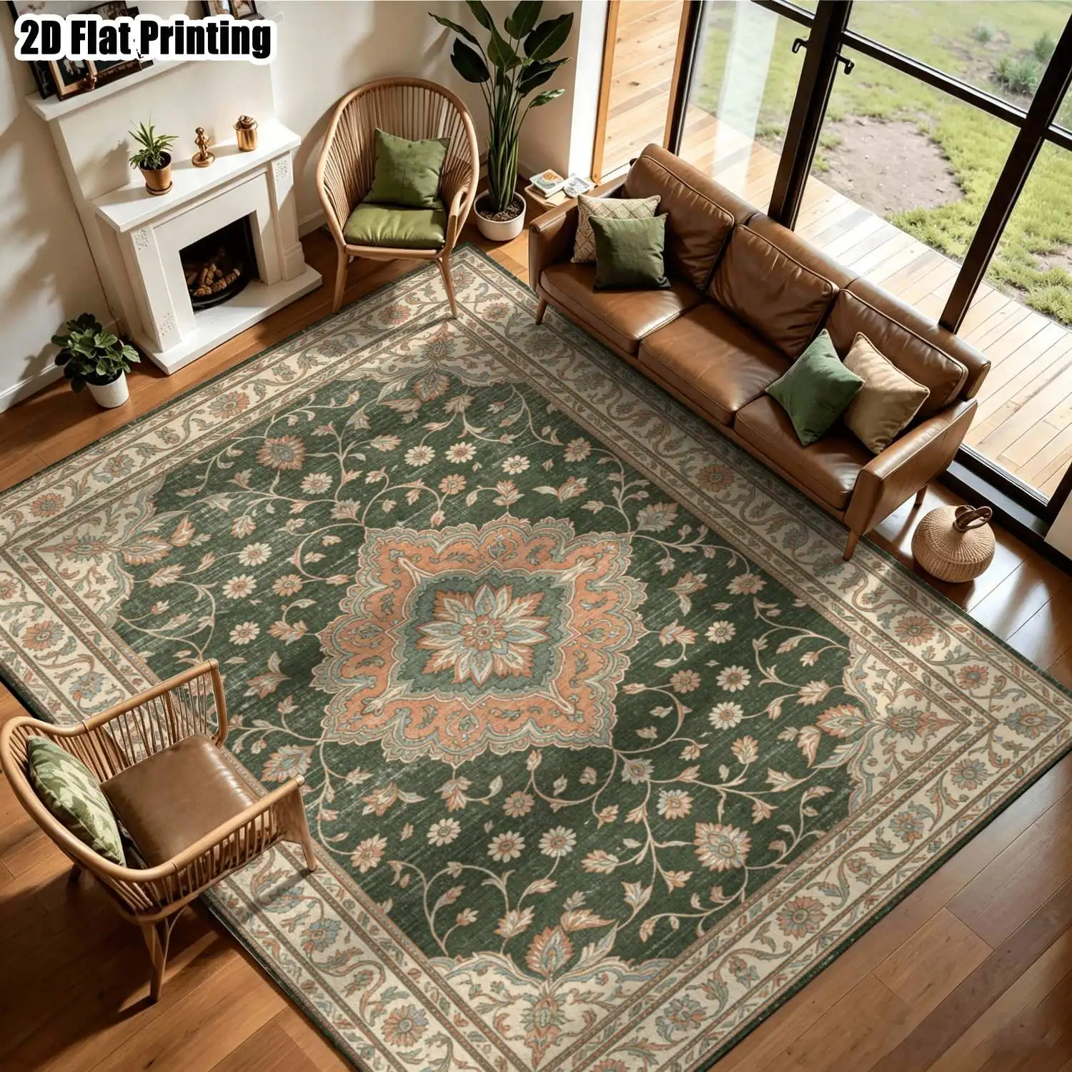 1Pc 2D Printed Carpet: Deep Green Floral & Geometric, European Vintage Bohemian Floor Mat, Home Decor, Multi-Size, Machine Washable, for Entrance, Dining, Foyer, Bedroom, Living Room