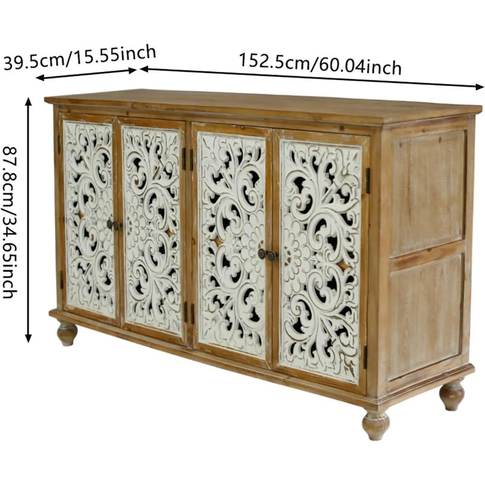 Hollow-Carved Accent Storage Cabinet, Decorative Farmhouse Sideboard Cabinet, Distressed Buffet Cabinet with Storage