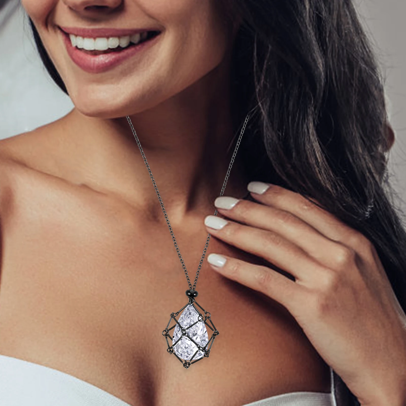 

Crystal Necklace Holder Black Net Pocket DIY Replacement Stone Holder Empty Cord Metal Cage Pendant Rope Natural Crystal