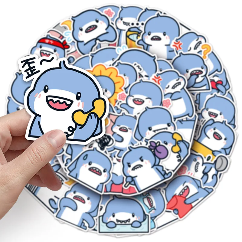 50Sheets Creative Cartoon Cute Fat Shark Doodle Stickers Suitcase Helmet Refrigerator Notebook Stickers Children's Gift Toy