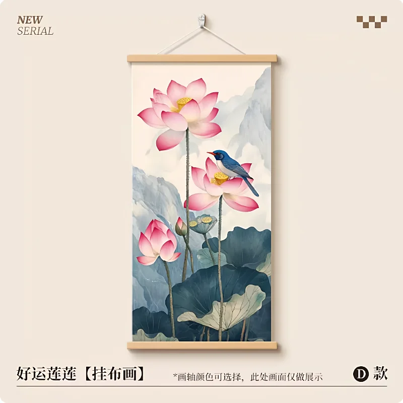 Wall Art Lotus Leaves and Ink Wash Branches Zen Minimalism Pearlescent Canvas Hanging Scroll with Wooden Rods for Office