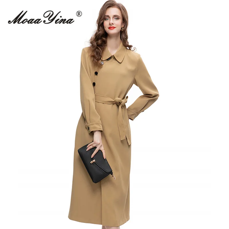 

MoaaYina Summer Fashion Runway Pink Vintage Trench Coat Women's Lapel Button Frenulum Gathered Waist Slim Slit Long Trench Coat