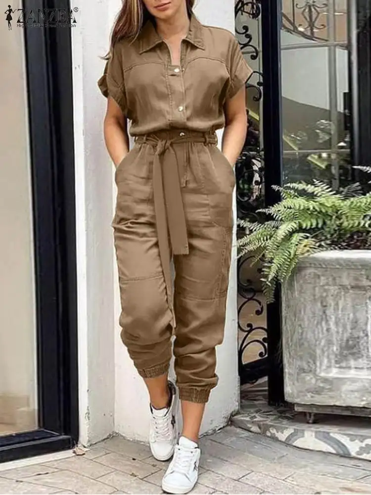 ZANZEA Fashion Cargo Jumpsuit Woman Lapel Neck Short Sleeve Playsuits Summer Vintage OL Work Rompers Elegant Solid Overall 2023