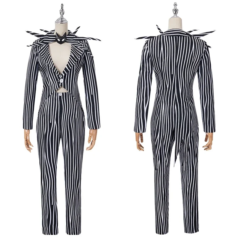 Jack Skelett ington Cosplay Kostüm für Männer Frauen gestreifte Top Hose Outfit Halloween Party Uniform Anzug