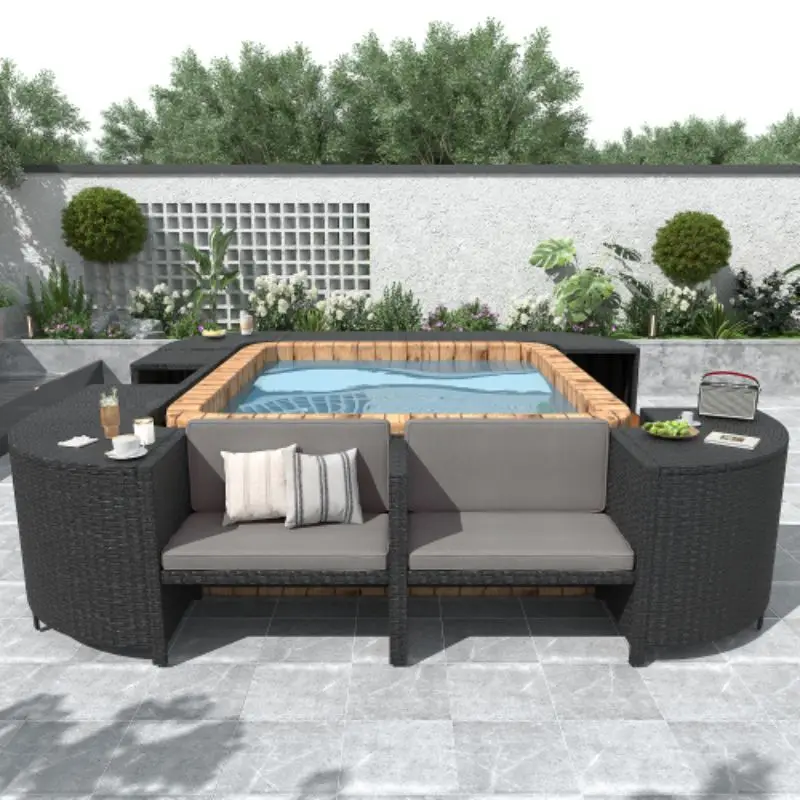 Frame Quadrilateral Outdoor Rattan Sectional Sofa Set With Mini Sofa, Wooden Seats And Storage Spaces, Grey