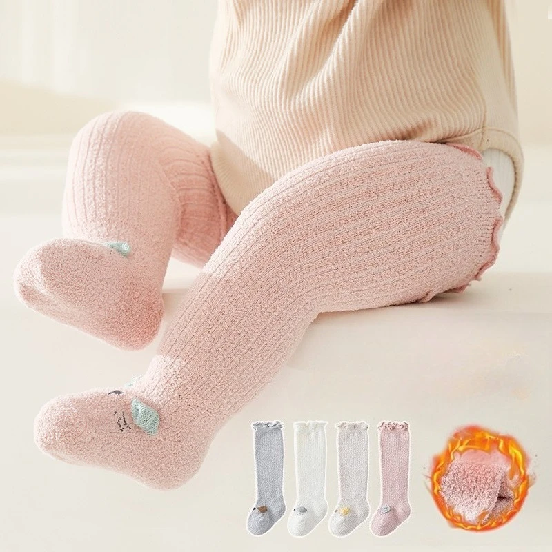 Autumn-Winter Thickened Coral Fleece Baby Long Socks with Elasticated Edges Unisex Baby Socks for Newborns