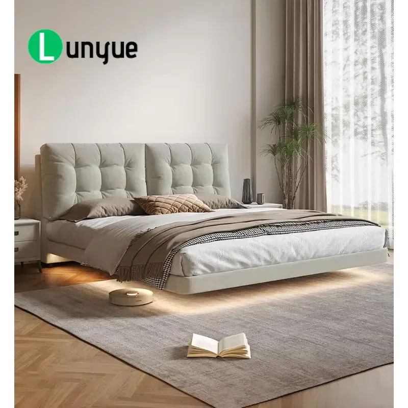 French Cream Luxury Suspension Bed Customizable Leather Special Headboard Design Wholesale Home Bedroom Furniture Elegant