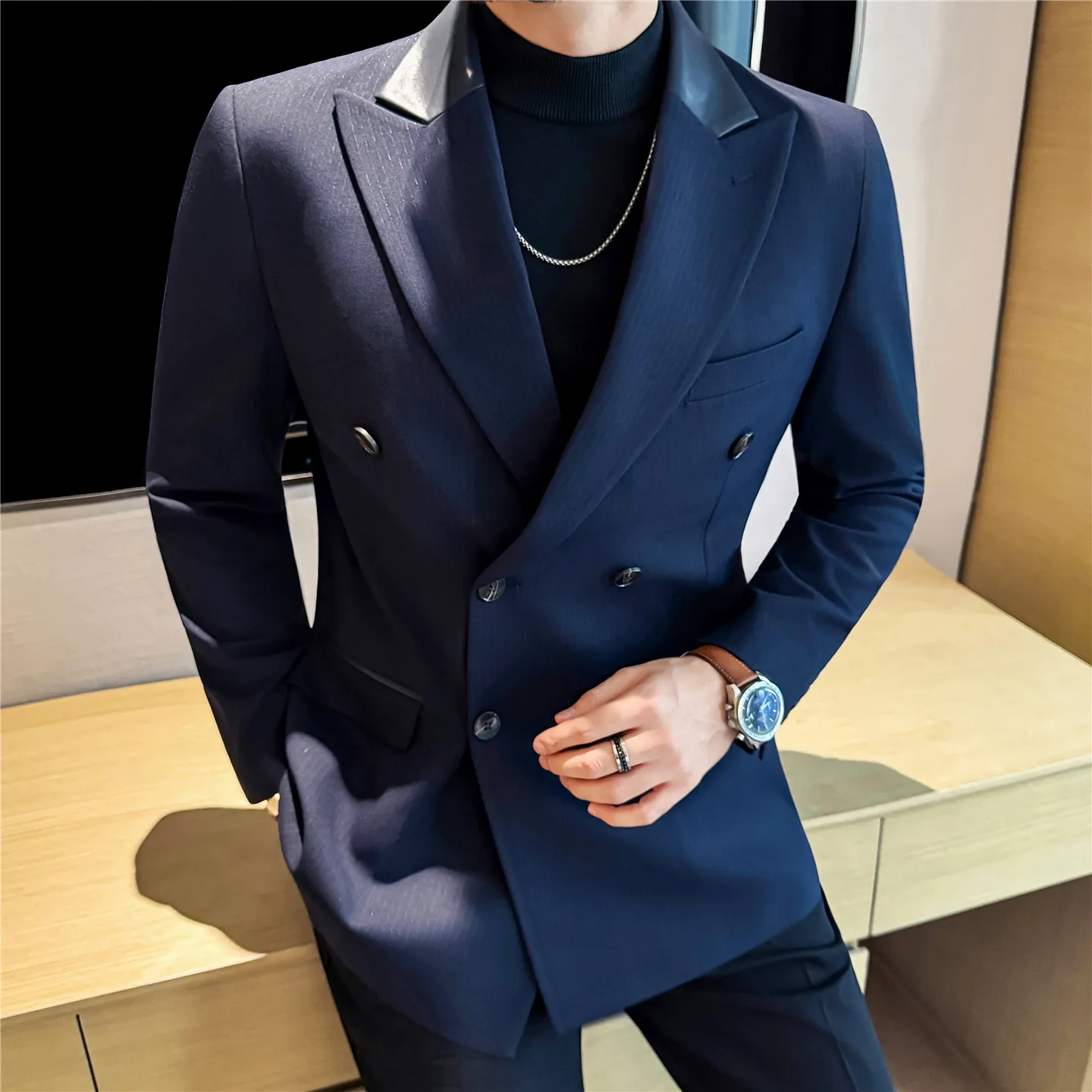 

(1 Pcs Jackets) New Thicken Thicken Striped Casual Suit Jacket Fashion Splicing Leather Neck Men's Business Slim Blazers Tuxedos