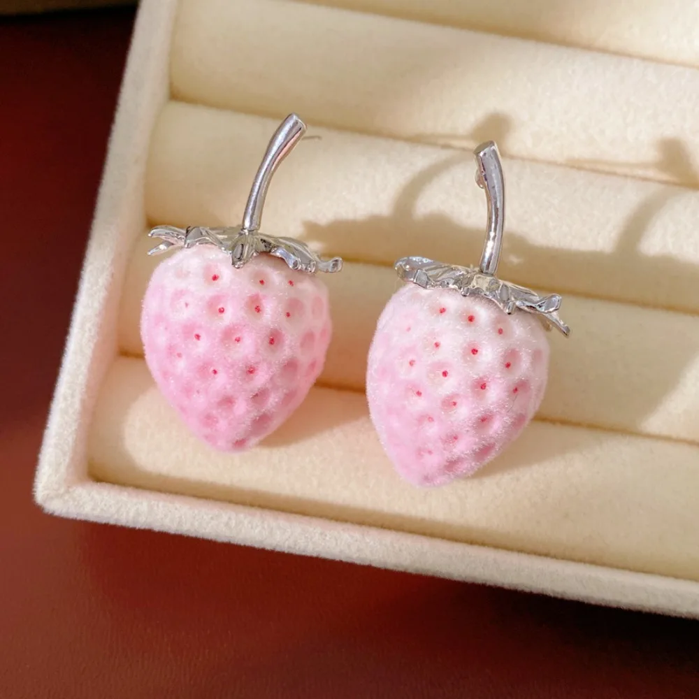Playful Romantic Silver‑Toned Flocked Strawberry Shaped Stud Earrings for Women Garden Gathering Couple Date Accessories Jewelry