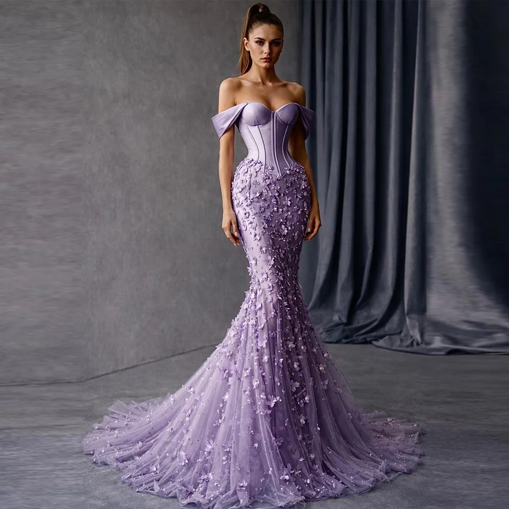 

Customized Handmade Flower Mermaid Evening Dress 2026 Off the Shoulder Corset Formal Evening Gown Lilac Tulle vestidos de noche