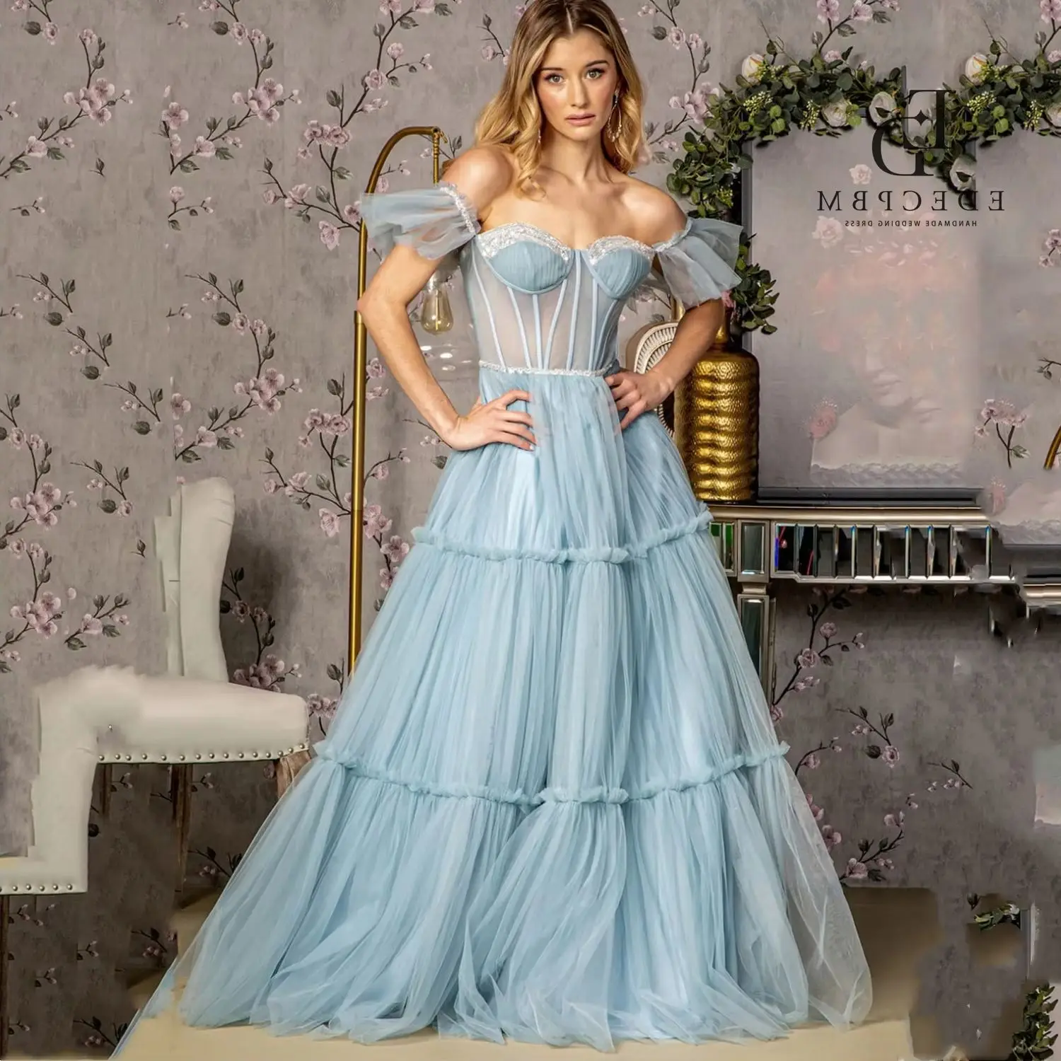 EDECPBM Personalizado Vestidos de Noite Luxuosos 2025 Mulher Luz Azul Vestido de Baile feminino فسات intelli suosikki Sweetheart Vestidos De Festa