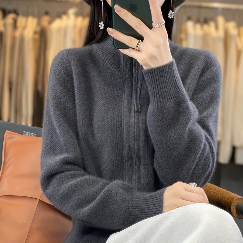 

Женский вязаный свитер из 100% мериносовой шерсти, кардиган с отложным воротником, осенне-зимние толстые топы, кашемировая мягкая куртка на двойной молнии