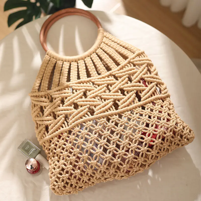 New Wooden Handle Rattan Handle Brown Beige Hollow Handmade Cotton Rope Woven Bag Seaside Holiday Forest Handbag for Women