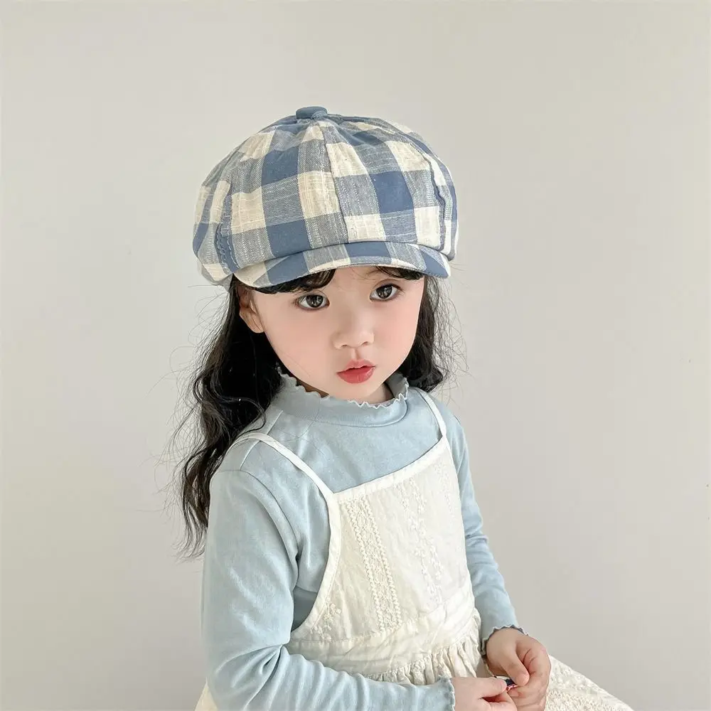 새로운 체크무늬 뉴스보이 캡 한국 레트로 아동 베레모 야외 빈티지 피크 캡 키즈