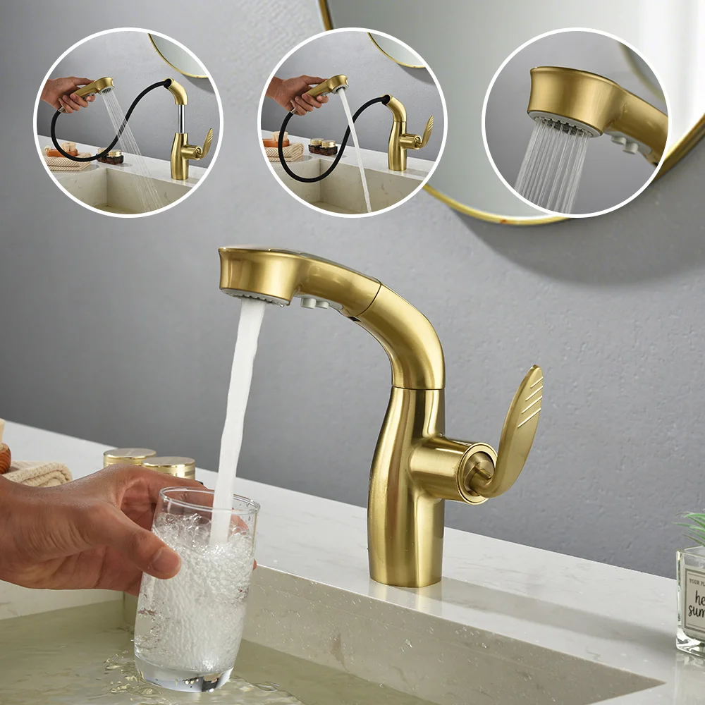 

High Quality Solid Brass Bathroom Sink Faucet Luxury Brushed Gold Basin Faucet Modern Mixers Tap 1 Hole Vessel Washbasin Faucets