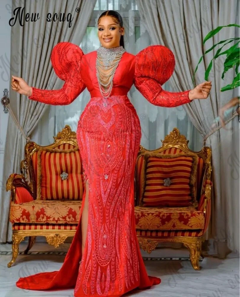 Robe de Soirée en Dentelle Perlée Rouge à Manches Bouffantes, Tenue de Bal, de Fiançailles, Arabe, Personnalisée