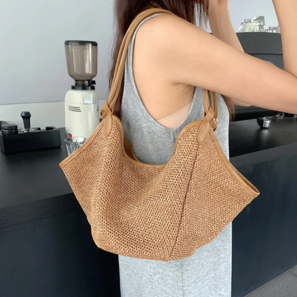 All-match Straw Elegant Commuter Women Totes French Style Patchwork Cowhide Braid Shoulder Bags Large Capacity Single-Shoulder