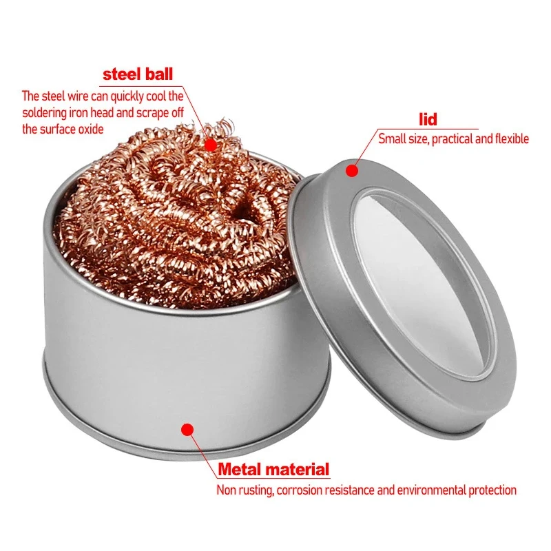Boule de nettoyage pour dessouder, fer à souder, filtre à mailles, pointe de buse de nettoyage, fil de cuivre, boule de nettoyage, boîte de vidange en métal, boule propre