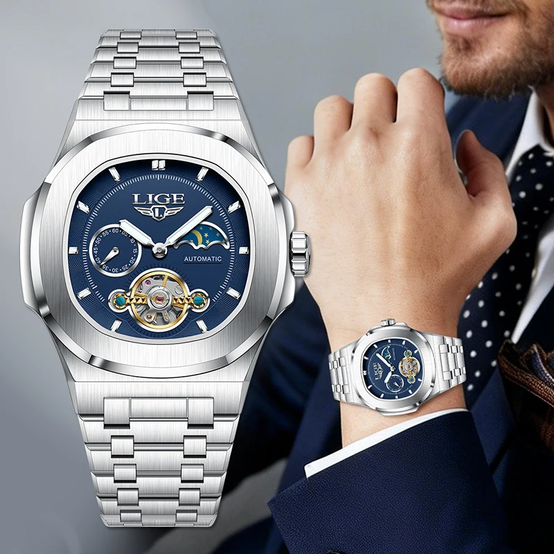 LIGE Luxury Men Automatic Mechanical Watch Tourbillon Skeleton Moon Phase Stainless Steel Business Waterproof Wristwatch Clock