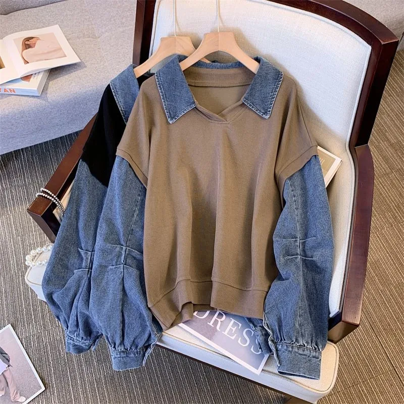 Loose Design Spliced   denim Top for Women with Fake Two-piece Sweatshirts to Make Them Look Thin