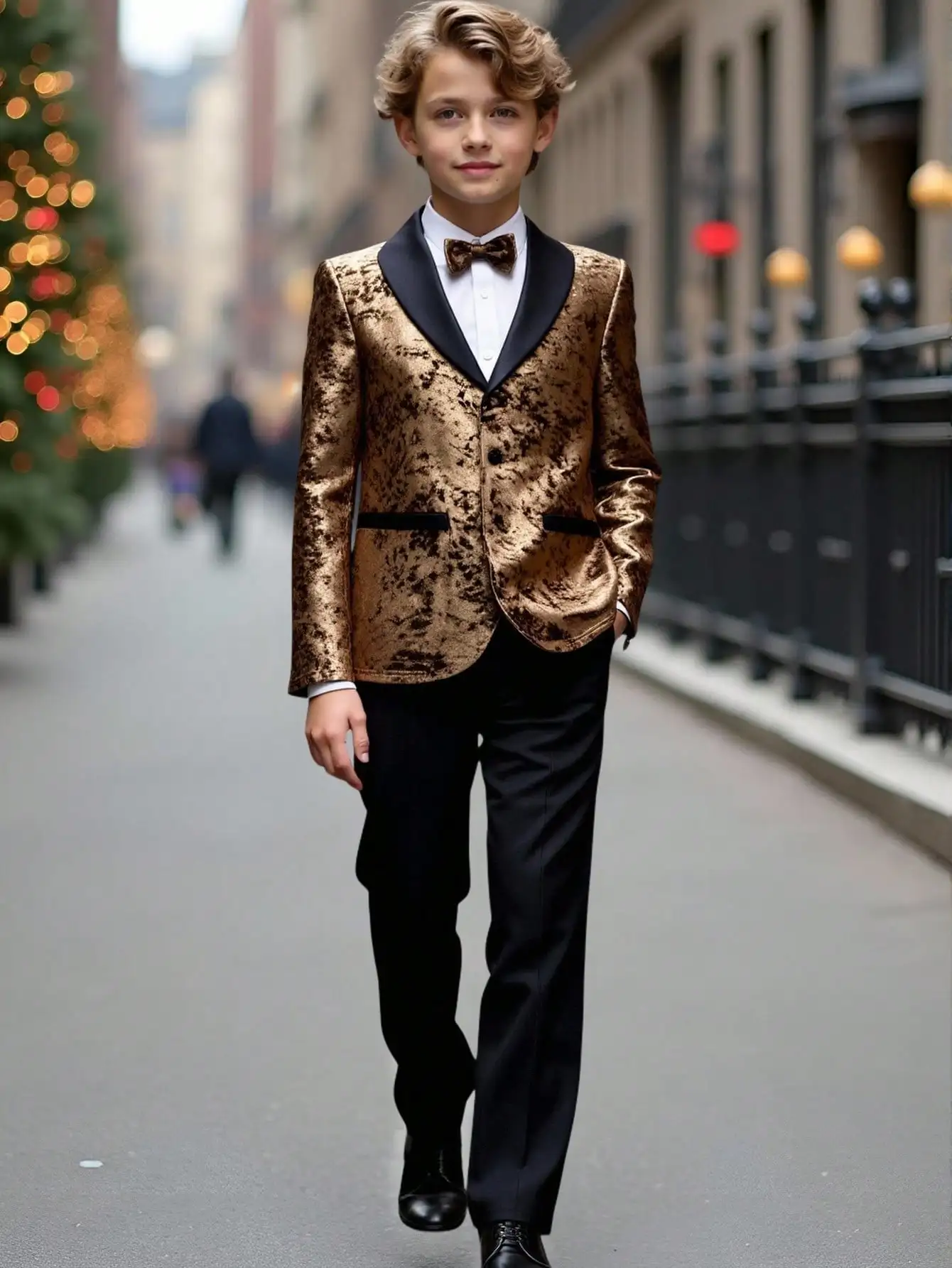 

Комплект золотистого бархатного смокинга для мальчиков: пиджак, галстук-бабочка и черные брюки