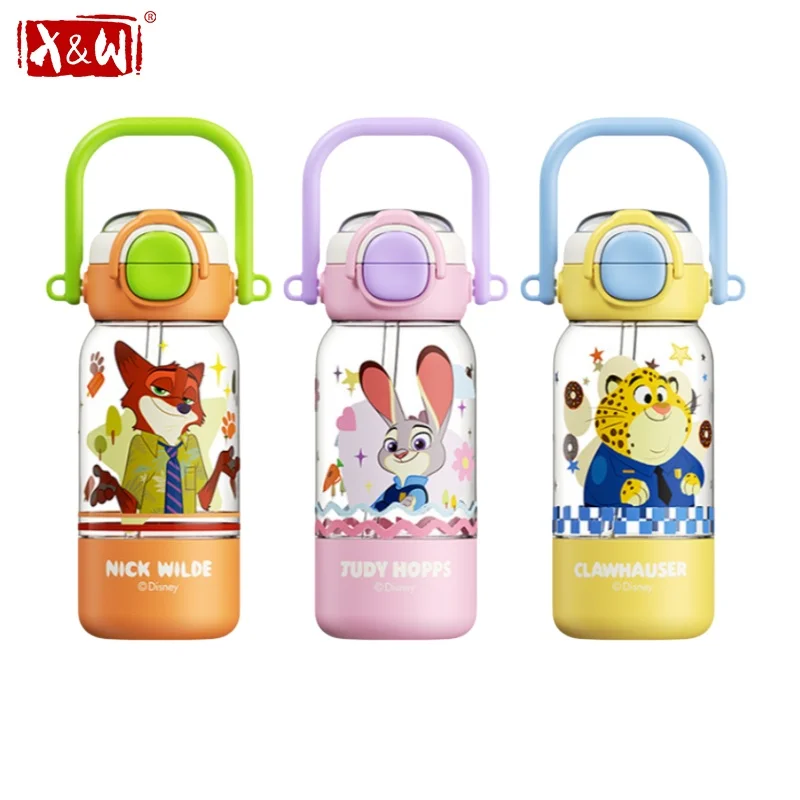 Vaso de agua de plástico X&W de 590 ml para Zootopia, vasos con pajita para bebidas frías de verano, vaso deportivo de dibujos animados Judy Nick con doble función y tapa abatible