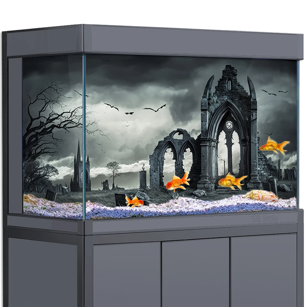 Aquarium Background Sticker Decoration for Fish Tanks, Gothic Ruins Dark HD 3D Poster Self-Adhesive Waterproof