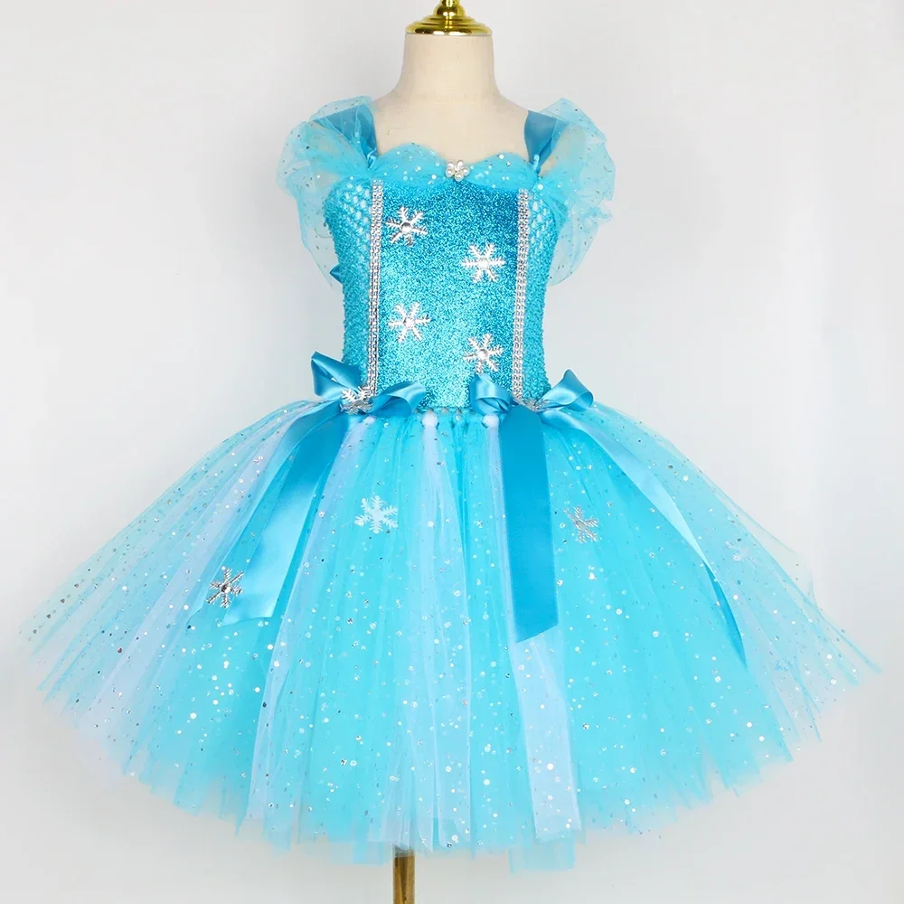 Glittery Princess Elsa Tutu Dress for Girls Birthday Party Dresses Ball Gown Snow Queen Cosplay Kids Christmas Halloween Costume