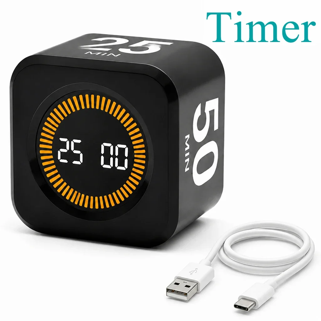 Digital Visual Timer Gravity Sensor Flipping LED Display 4 Preset Time Rechargeable Mini Cube Timer For Cooking Study Shower