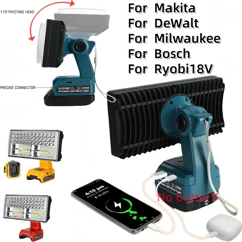 

Портативный рабочий фонарь 50 Вт для Makita/DeWalt/Milwaukee/Bosch/Ryobi/Black&Decker/Craftsman, фонарик аварийного освещения с аккумулятором 18 В