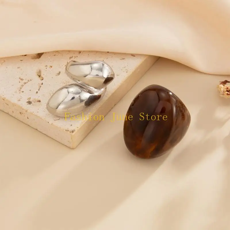 N5KA Pack of 2 Stylish Irregular Rings Set Resin Alloy Texture Fashion Accessory Suitable for Fashion Lady Women Present