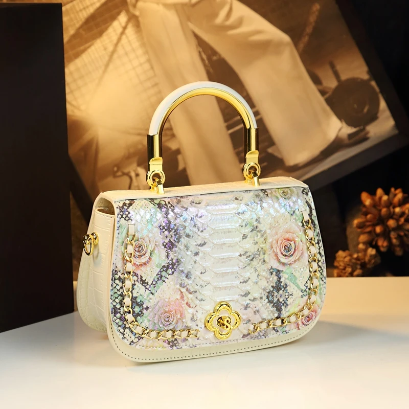 Women\'s Bag 2024 New Serpentine Leather Handbag Senior Chain Single Shoulder Crossbody Bag For Women Portable Flowers Bags