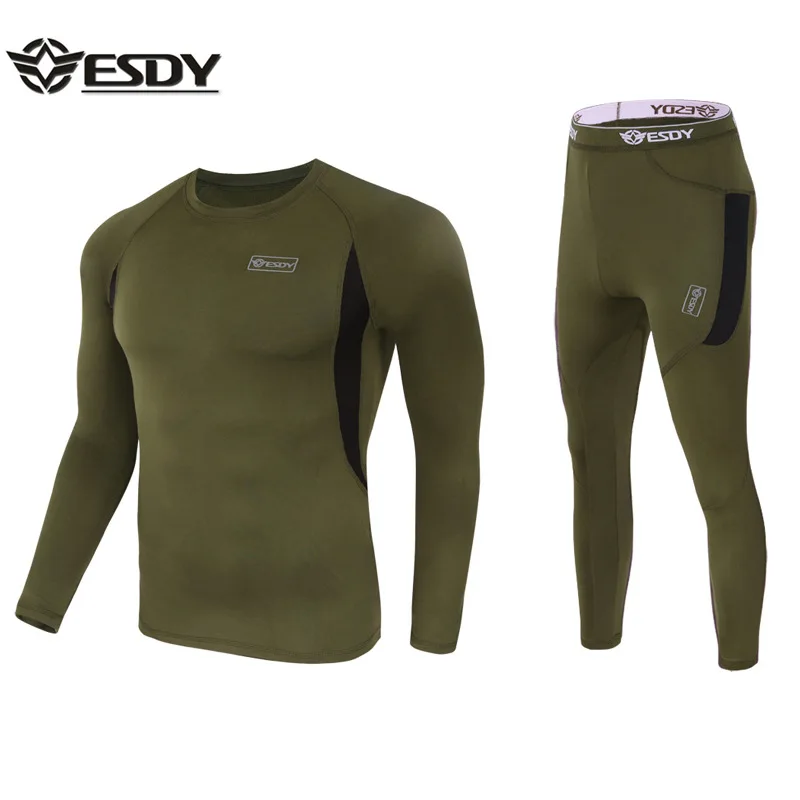 ESDY Outdoor Sports Men Functional Underwear A152 Fleece Thermal Sports Training Fitness Clothes Tight Tactical Underwear Set